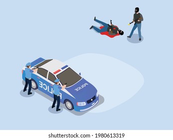 Terrorist Isometric Vector Concept. Police Are Fighting With Terrorist Using Handgun