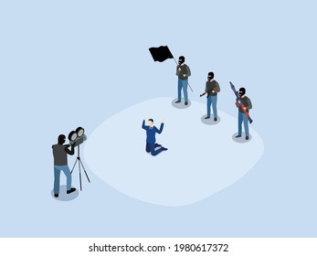 Terrorist Isometric Vector Concept. Terrorist Recording A Threatening Video With A Male Hostage