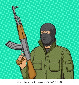Terrorist man with machine gun weapon pop art style vector illustration. Human illustration. Comic book style imitation. Vintage retro style. Conceptual illustration