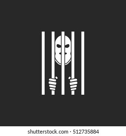 Terrorist in mask behind bars symbol sign silhouette icon on background