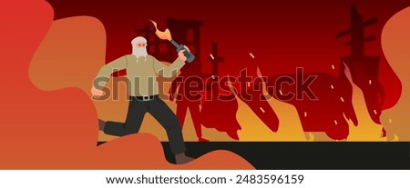 Terrorist in mask running with burning molotov cocktail bottle. Protestor with flammable weapon, handmade gasoline bomb. Criminal attack, radical extremism, demonstration, flame and chaos