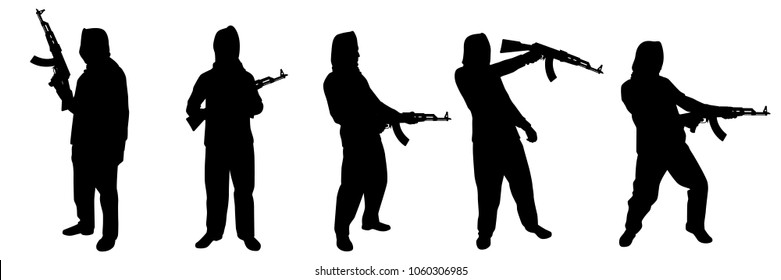 Terrorist With Rifle Gun Silhouette Vector Set