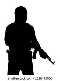 Terrorist With Rifle Gun Silhouette Vector, People On White Background