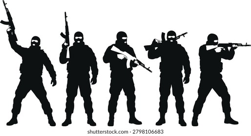 Terrorist silhouette group holding rifles, armed masked soldiers, military special forces squad, tactical combat operation, dangerous criminality concepts