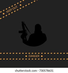 Terrorist silhouette. Yellow striped warning tape. Stock vector illustration