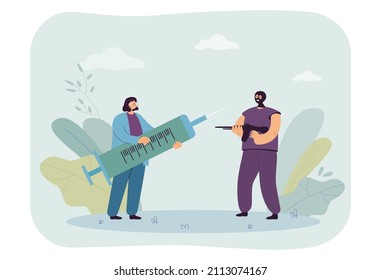 Terrorist threatening nurse holding giant syringe with gun. Anti-vaccination movement flat vector illustration. Vaccination, violence concept for banner, website design or landing web page