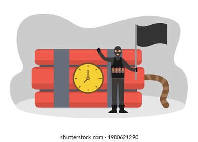 Terrorist vector concept: Terrorist with suicide bomb in his body while holding black flag 