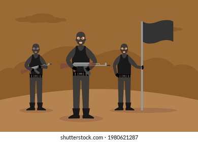 Terrorist vector concept: Three male terrorists standing together while holding their weapons