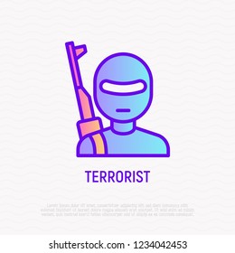 Terrorist with weapon thin line icon. Modern vector illustration of criminal.
