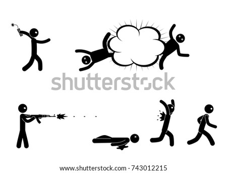 Terrorists with bomb and machine gun. Terrorist bomber. Man with explosives. Terrorism world threat concept. Vector illustration.