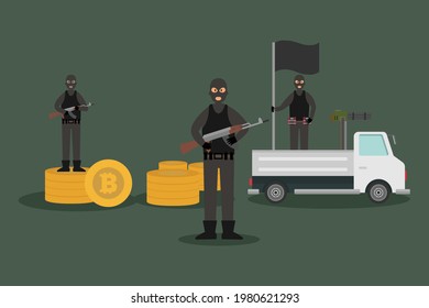 Terrorists vector concept: Terrorists standing with bitcoin cryptocurrency fund while holding weapon 