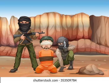 Terrorists and victim being blind folded illustration