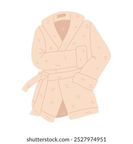 Terry bathrobe for bathing and showering, flat vector illustration highlighted on a white background. A delicate warm fluffy bathrobe or robe-cape with a belt. Flat illustration with doodle lines