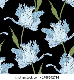 Terry blue tulips on black. Seamless pattern. Hand drawn vector illustration. Line art. Texture for print, fabric, textile, wallpaper.