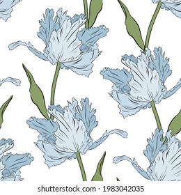 Terry blue tulips. Seamless pattern. Hand drawn vector illustration. Line art. Texture for print, fabric, textile, wallpaper.