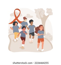 Terry Fox school run isolated cartoon vector illustration. School children run outdoors, wearing blue shirts, cancer awareness day, Terry Fox commemoration, annual running event vector cartoon.