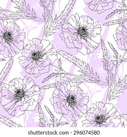 Terry poppy are on pink background. Vector illustration. Floral seamless texture.Sketch