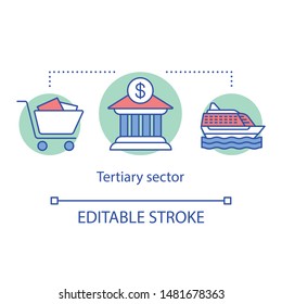 Tertiary Sector Concept Icon. Business Produce Services  Idea Thin Line Illustration. Customer Service And Tourism. Tertiary Economy Sector. Vector Isolated Outline Drawing. Editable Stroke