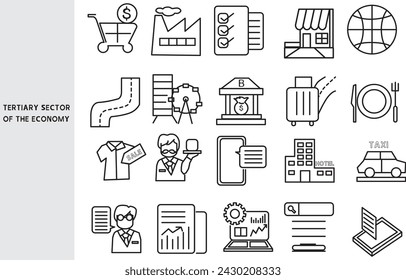 tertiary sector of the economy , Product production and final delivery cover many business types. ,Set of line icons for business ,Outline symbol collection.,Vector illustration. Editable stroke