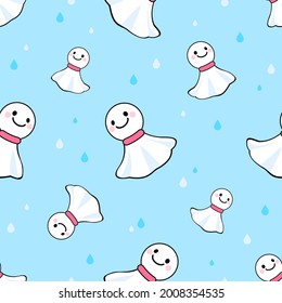 Teru teru bozu (muñeca de lluvia) ilustraciones vectoriales sin fisuras. Sonreír muñecas de lluvia sobre fondo azul lluvioso