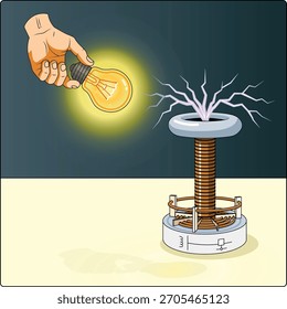 Tesla Coil Wireless Power - Beleuchtung einer Glühbirne, Vektorgrafik