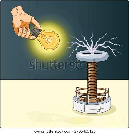 Tesla Coil Wireless Power – Lighting an Incandescent Bulb, Vector Illustration