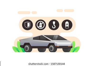 Tesla Cyber Truck Features And Advantages With Shield, Waterproof, Heavy And Battery Icons. Cyber Truck Vector. Futuristic And Modern Autonomous Self Driving Car Truck Illustration Background.