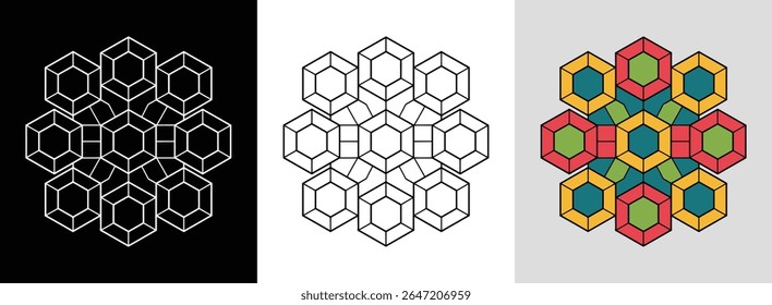 Tessellated hexagon mandala with repeating geometric patterns and bright colors for decor.