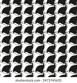 Tessellated pattern design. Black and white interlocking shapes. Abstract geometric repetition. Modern visual art.