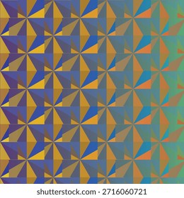 Tessellated pinwheel tiles with triangular segments in shifting colors from purple to green and orange