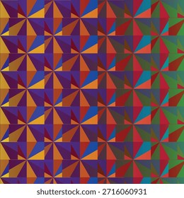 Tessellated pinwheel tiles with triangular segments in shifting colors from purple and orange to green