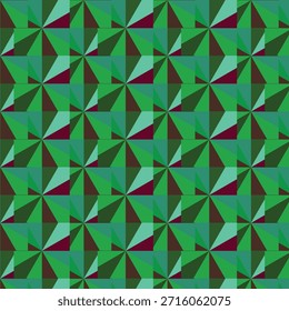 Azulejos teselados de molinete con segmentos triangulares en marrón verde marrón y verde azulado formando mosaico simétrico