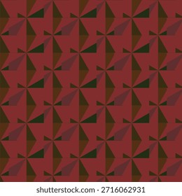 Azulejos teselados de molinete con segmentos triangulares en marrón verde y marrón sobre fondo rojo profundo.