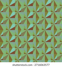 Tessellated pinwheel tiles with triangular segments in green brown maroon and teal forming symmetrical mosaic.