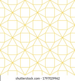 Tessellated repeating mathematical pattern of connected gold outlines of shapes on a white background, geometric vector illustration