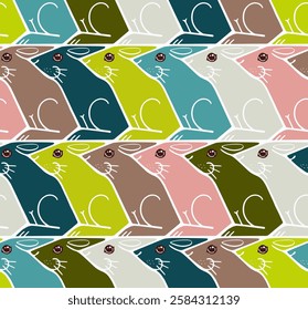 Tessellated seamless vector pattern with cute hares in pastel colours, hand drawn style, inspired by Escher