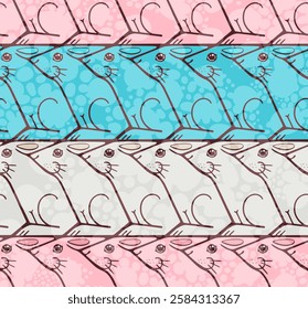 Tessellated seamless vector pattern with pink, blue and white hares in flat design inspired by Escher with subtle snow texture