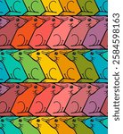 Tessellated seamless vector pattern with rainbow coloured rabbits facing left and right, flat design inspired by Escher, vibrant and playful