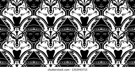 Tessellation with fox and Buddah faces in black and white. Seamless pattern. Vector illustration