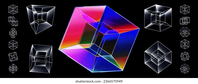 Tesseract shape. Hypercube wireframe icon, 3D render of 4D cube