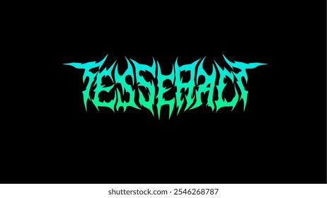 Tesseract, Texttypografie-Design-Vektor in einer scharfen, gezackten Metall inspirierten Schriftart. blauer und weißer Farbverlauf-Text sticht auf dunklem Hintergrund hervor, für T-Shirt-Print-Bekleidung