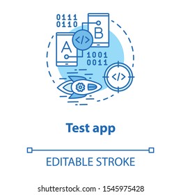Test app concept icon. Software development process idea thin line illustration. Tools for mobile device app programming. IT project. Vector isolated outline drawing. Editable stroke