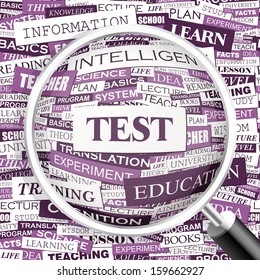 TEST. Background concept wordcloud illustration. Print concept word cloud. Graphic collage. Vector illustration. 