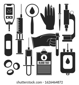 Test of blood black set icon.Vector illustration laboratory research on white background .Vector set icon test of blood.