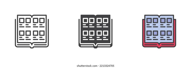 Test book different style icon set. Line, glyph and filled outline colorful version, outline and filled vector sign. Symbol, logo illustration. Vector graphics