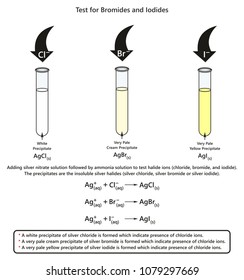 Test for Bromides and Iodides infographic diagram showing a laboratory experiment indicates presence of chloride bromide and iodide ions for chemistry science education