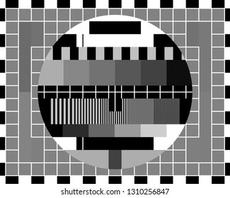 Test card TV with rainbow colored stripes and geometric signals.