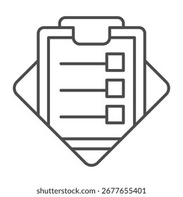 Lista de comprobación de prueba en el ícono de línea delgada de Portapapeles, concepto de prueba de estudiantes. Gráficos de Vector. Documento fino con el signo de la marca de verificación en el fondo blanco, icono del estilo del contorno para el móvil o el Diseño web