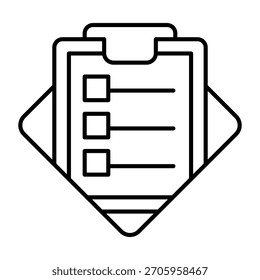 Test Checkliste auf Zwischenablage dünnen Linie Symbol, Lerner Testkonzept. Vektorgrafiken. Feines Dokument mit Markierungszeichen auf weißem Hintergrund, Symbol für Gliederungsstil für mobiles oder Webdesign