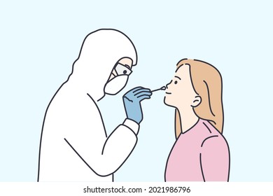 Test for coronavirus infection concept. Doctor in white protective uniform taking test for COVID-19 from young girls nose with stick during pandemic vector illustration 